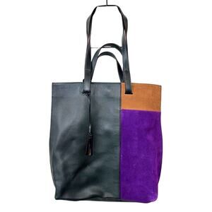 VINCE CAMUTO Casia Patchwork Tote Bag Dark Green Pebbled Leather Suede Boho